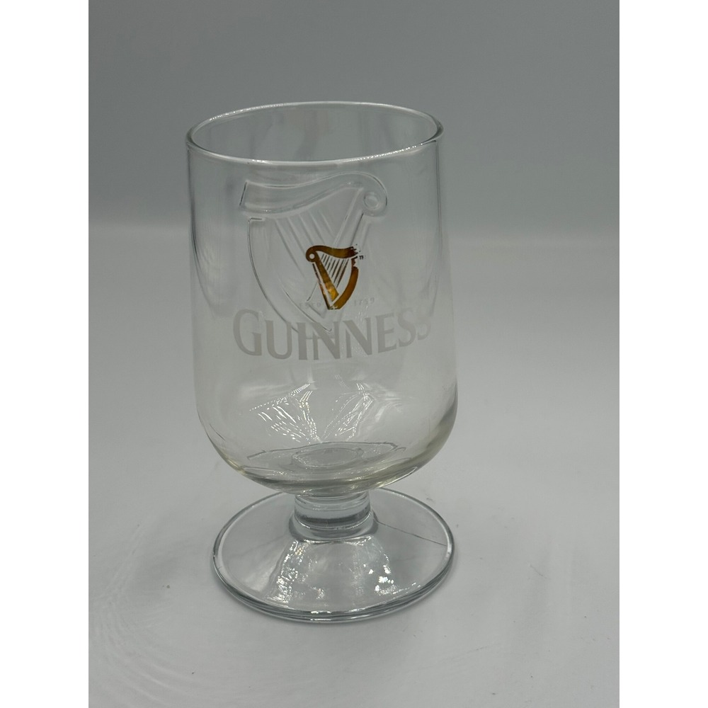 Guinness Beer Glass Embossed Harp Stemmed Goblet Clear Gold Logo Estd 1759
